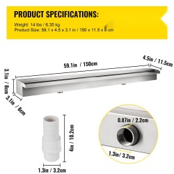 Vesiputousuoma ruostumatonta terästä 150 x 11,5 x 8 cm sisä ja ulkokäyttö