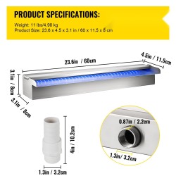 Ruostumaton teräs altaan vesiputoussuutin 60 x 11,5 x 8 cm monivärinen LED