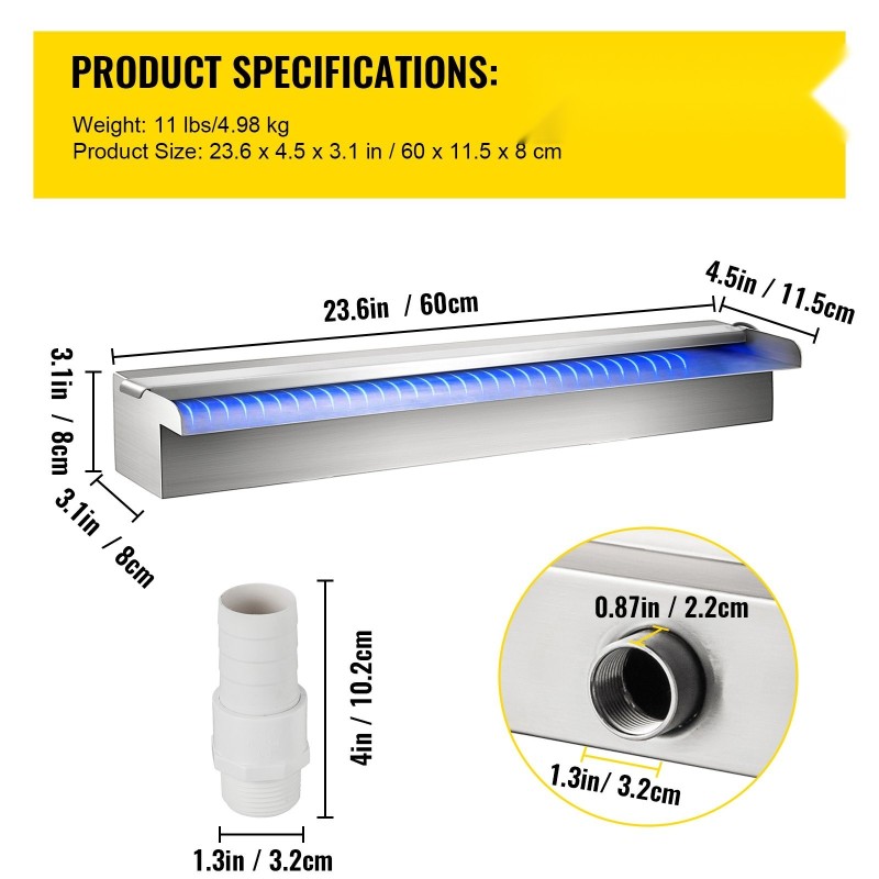 Ruostumaton teräs altaan vesiputoussuutin 60 x 11,5 x 8 cm monivärinen LED