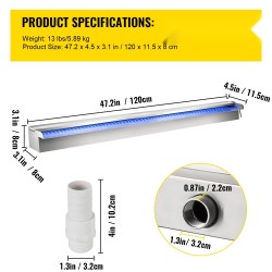 Vesiputoussuutin ruostumattomasta teräksestä 120×11,5×8 cm monivärisellä LED-valonauhalla kaukosäätimellä