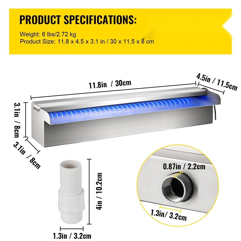 Vesiputoussuuutin ruostumattomasta teräksestä 30x11,5x8cm monivärinen valolista liittimellä kaukosäätimellä