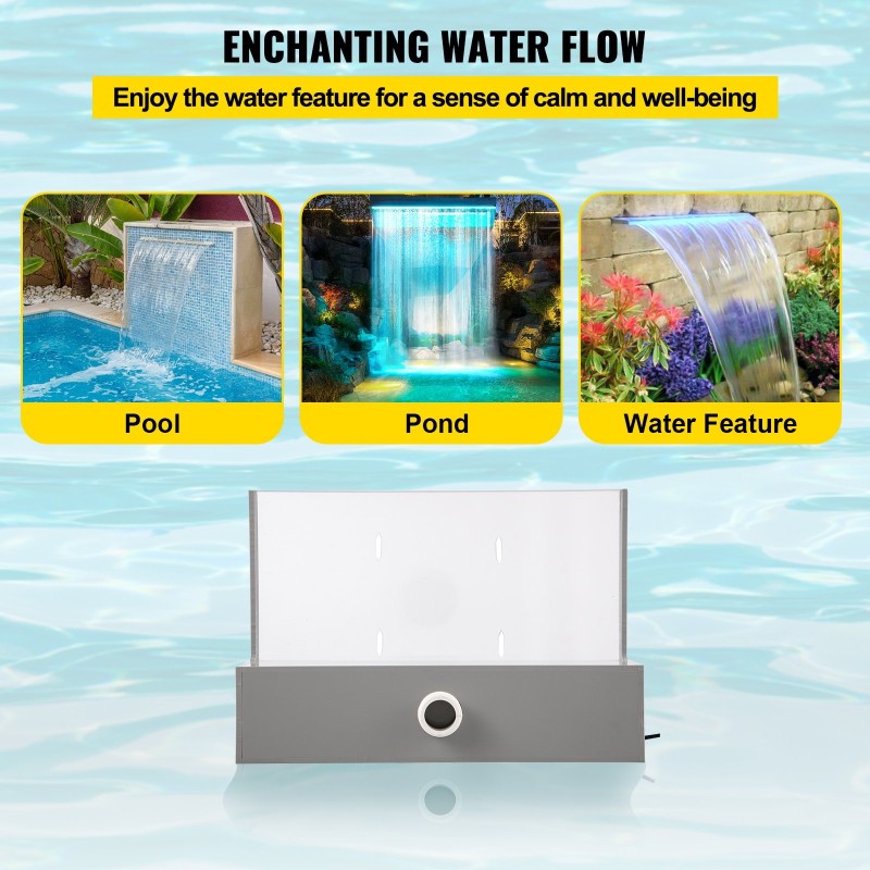 Akryylinen vesiputousallas 30×20×8 cm sinisellä LED-valonauhalla uima-altaisiin ja lampiin