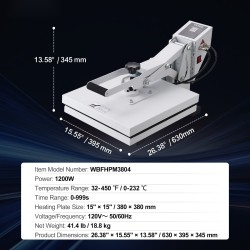 Kuumaprässi 38 x 38 cm T-paitoille ja tekstiileille Teflon-pinnoite 1200W