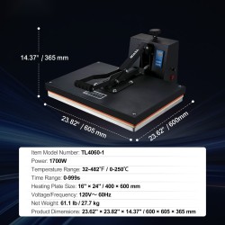 Lämpöprässi 40,6x61 cm teollisuuslaatuinen kannellinen Teflon-pinnoitettu tekstiileille