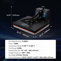 Lämpöprässi ylös avautuva 40,6 x 50,8 cm teflonpinnoitteella kaksikerroksisella eristyksellä T-paitoille