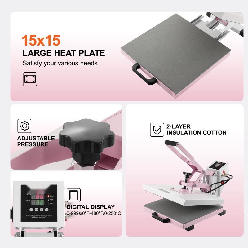 Lämpöprässi 38 x 38 cm liukukelkallinen tekstiilisiirtoihin pinkki