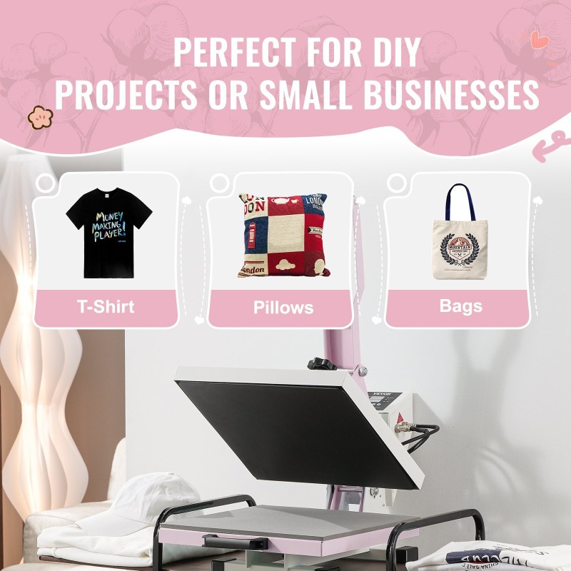 Lämpöprässi 38 x 38 cm liukukelkallinen tekstiilisiirtoihin pinkki