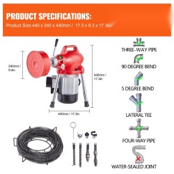 Sähkökäyttöinen viemärinavauskone 250 watin 7 leikkuupäätä teräskaapeleilla 1,6–4 tuuman putkille