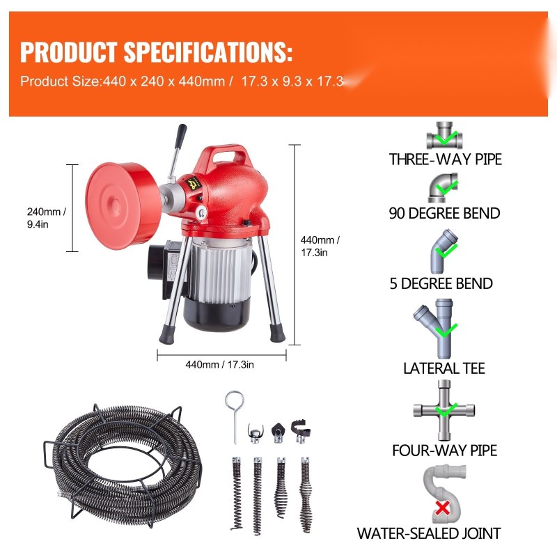 Sähkökäyttöinen viemärinavauskone 250 watin 7 leikkuupäätä teräskaapeleilla 1,6–4 tuuman putkille