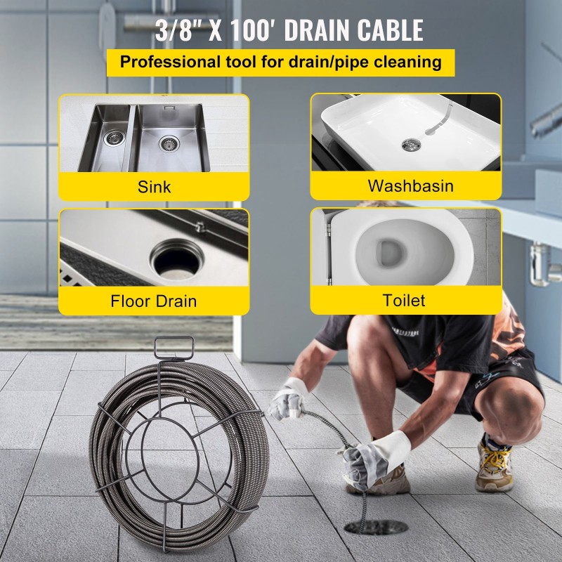 Viemärin puhdistuskaapeli kiinteä 65MN-terässydin 30 m 9,5 mm soveltuu 51–102 mm putkille