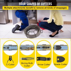 Viemärin puhdistuskaapeli kiinteä 65MN-terässydin 30 m 9,5 mm soveltuu 51–102 mm putkille