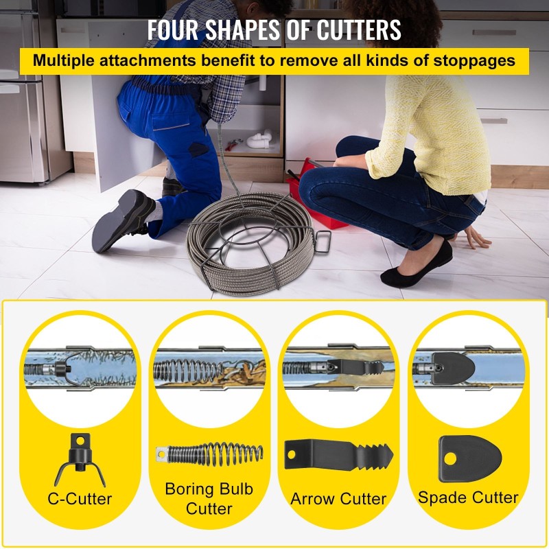 Viemärin puhdistuskaapeli kiinteä 65MN-terässydin 30 m 9,5 mm soveltuu 51–102 mm putkille