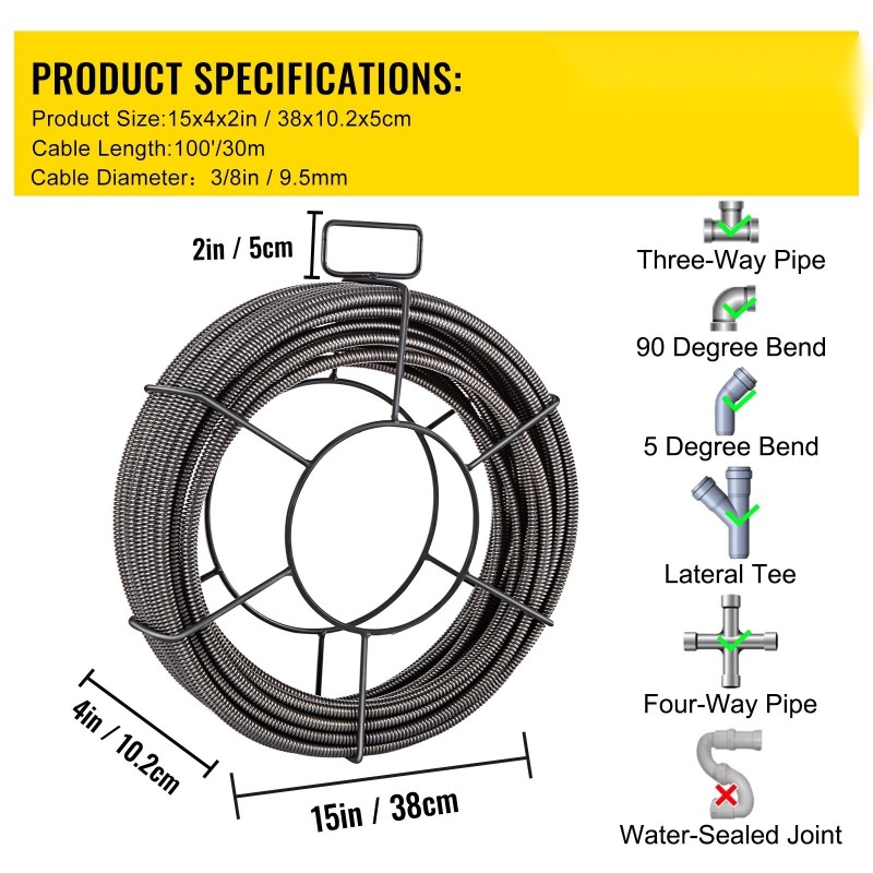 Viemärin puhdistuskaapeli kiinteä 65MN-terässydin 30 m 9,5 mm soveltuu 51–102 mm putkille