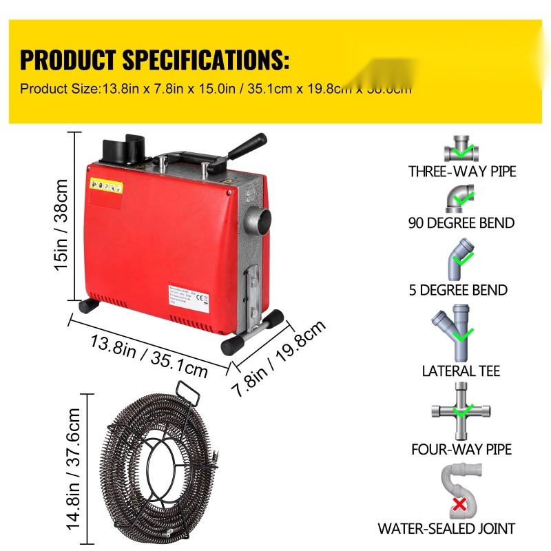 Sähköinen viemärinpuhdistaja 250W mangaaniteräksinen jousi kaksi spiraalia 20–100 mm putkille