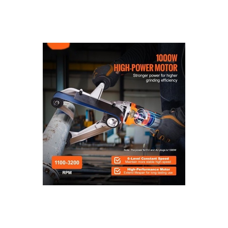 Putkihiomakone 1300 wattia 6-portainen nopeussäätö 100 hiomanauhaa alumiiniseosrunko