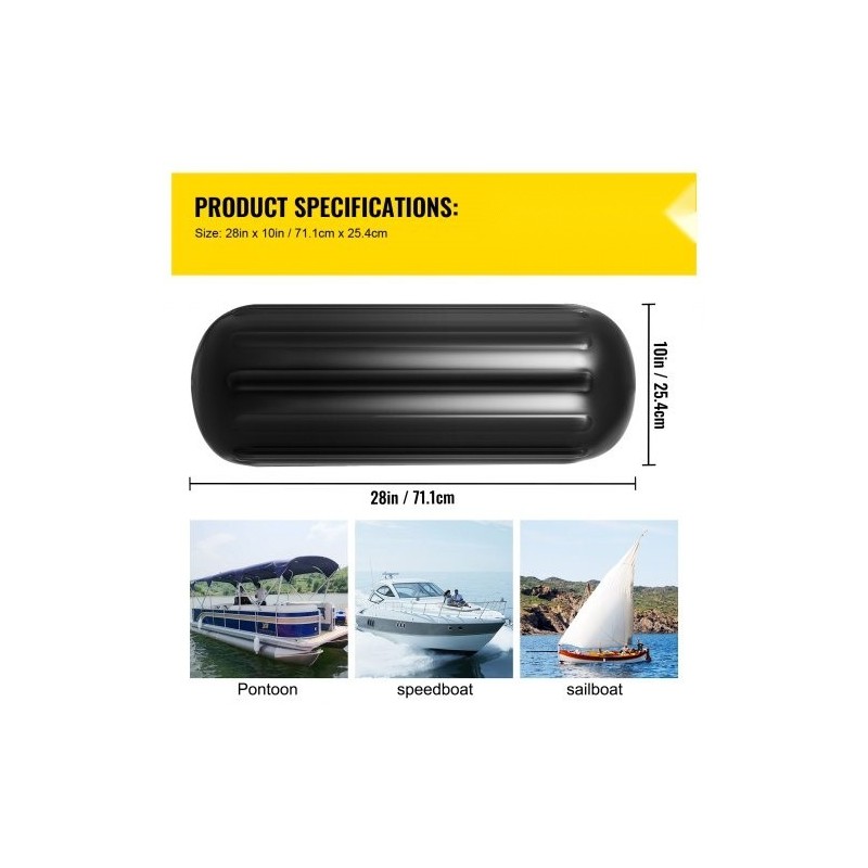 Vinyyliset rivatut veneen törmäyspuskurit 10 x 28 tuumaa 4 kpl keskireiällä musta