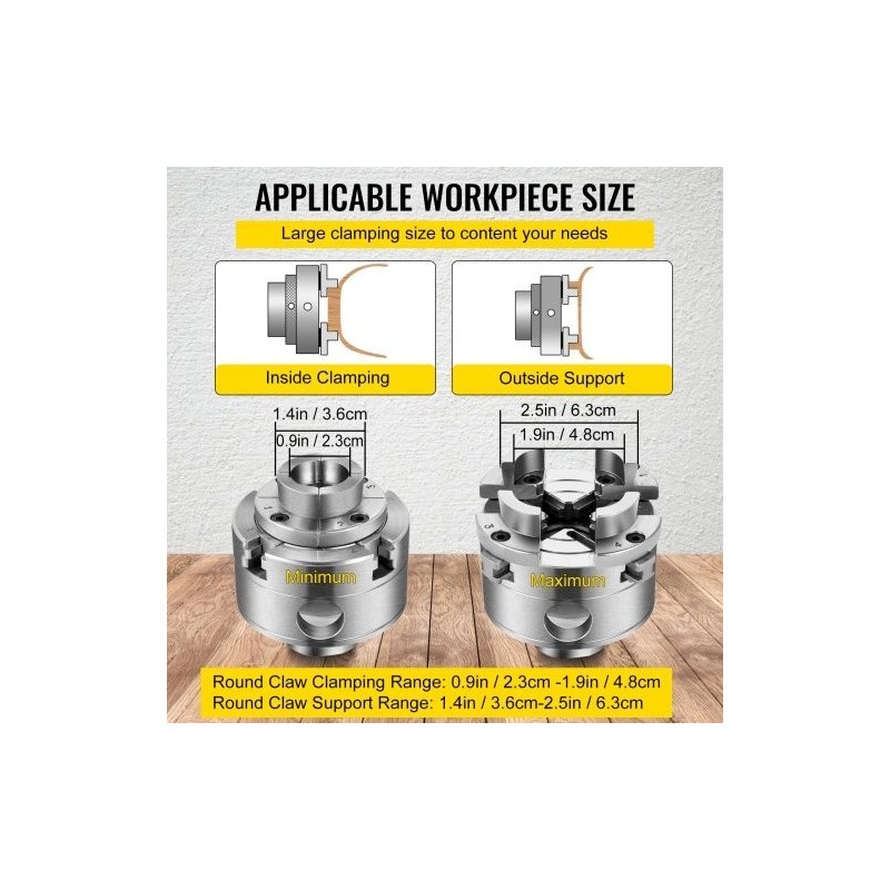 Teräksinen puusorvin istukka halkaisija 69,85 millimetriä nelileukainen itseään keskittävä 1 tuuman kierre