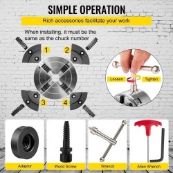 Teräksinen puusorvin istukka halkaisija 69,85 millimetriä nelileukainen itseään keskittävä 1 tuuman kierre