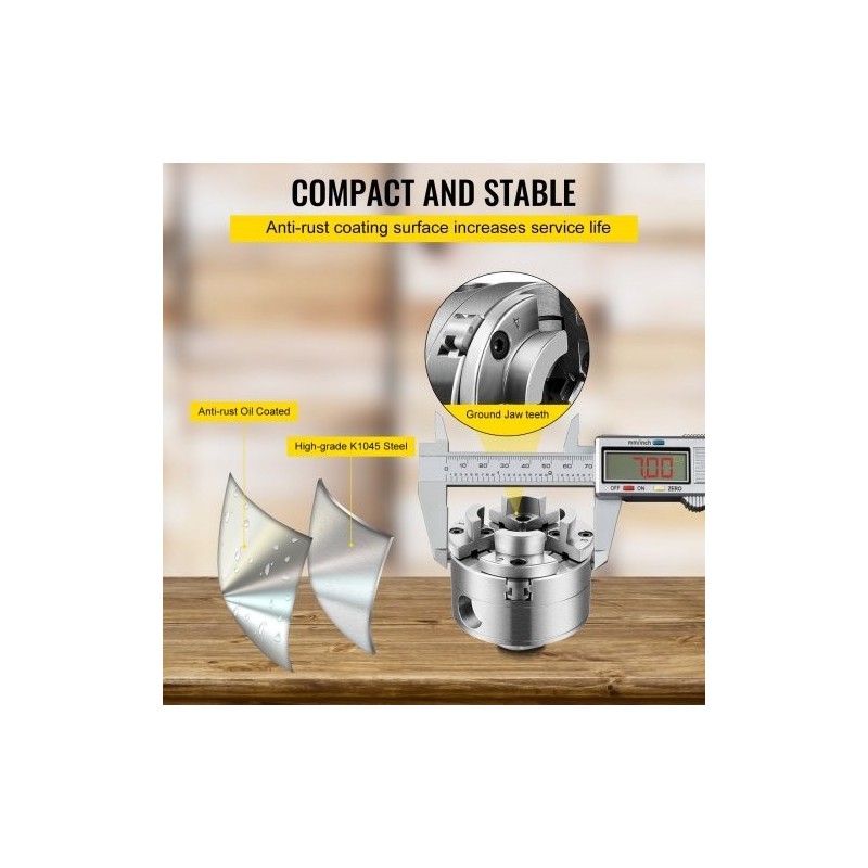 Teräksinen puusorvin istukka halkaisija 69,85 millimetriä nelileukainen itseään keskittävä 1 tuuman kierre