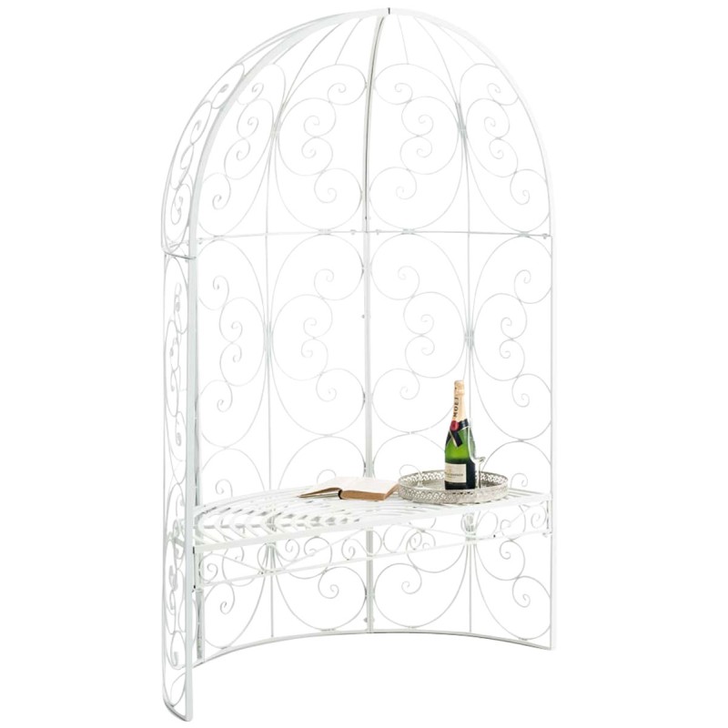 Romanttinen rautainen puolipaviljonki penkillä köynnöskasveille puutarhaan