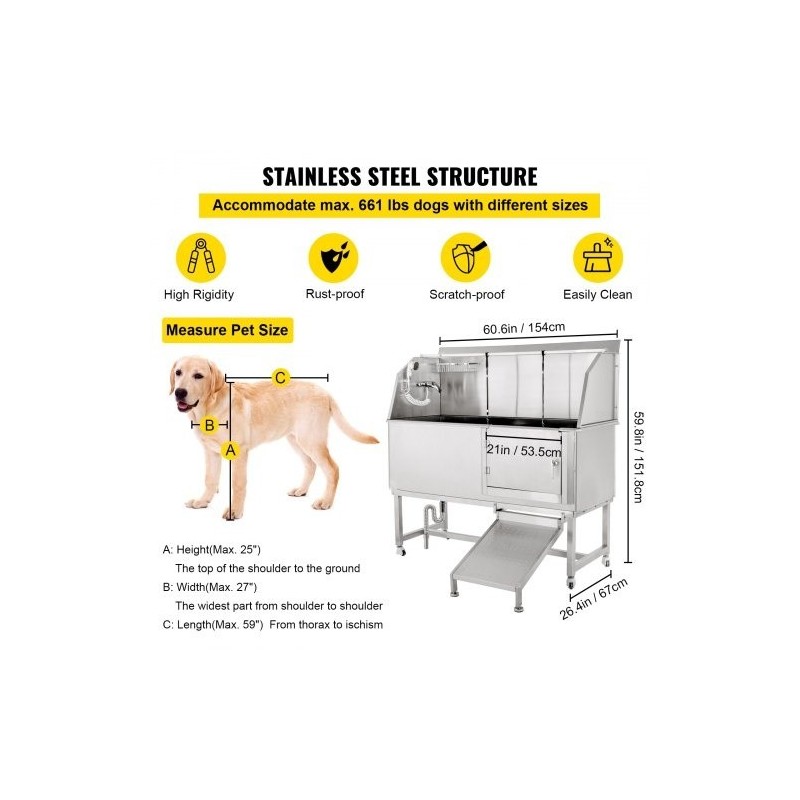 Koiranpesuallas 304-ruostumattomasta teräksestä sopii 150 cm lemmikeille liukuovella hanalla ja suihkulla