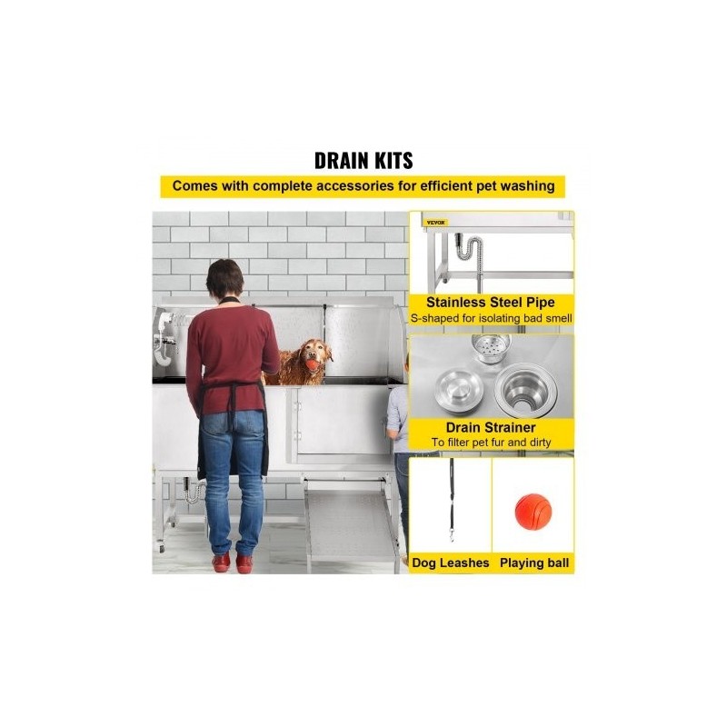 Koiranpesuallas 304-ruostumattomasta teräksestä sopii 150 cm lemmikeille liukuovella hanalla ja suihkulla