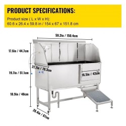 Koiranpesuallas 304-ruostumattomasta teräksestä sopii 150 cm lemmikeille liukuovella hanalla ja suihkulla