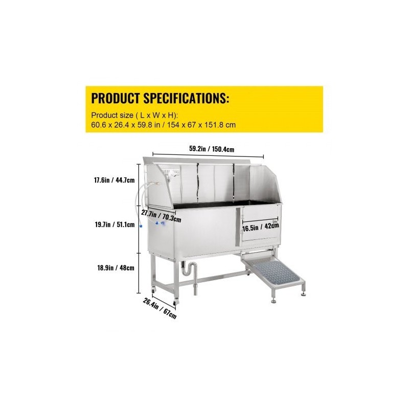 Koiranpesuallas 304-ruostumattomasta teräksestä sopii 150 cm lemmikeille liukuovella hanalla ja suihkulla