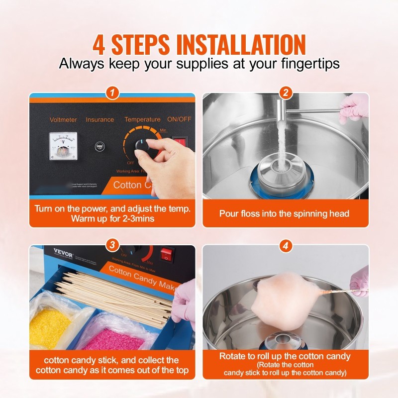 Sähköinen hattarakone vaunulla 1000 W 6 hattaraa minuutissa ruostumatonta terästä sininen