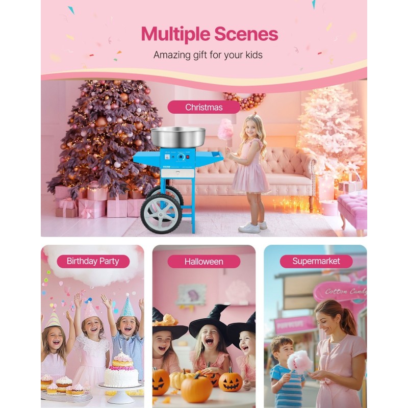 Sähköinen hattarakone kärryllä 1000 wattia 52 senttimetriä ruostumaton teräskulho vetolaatikolla sininen