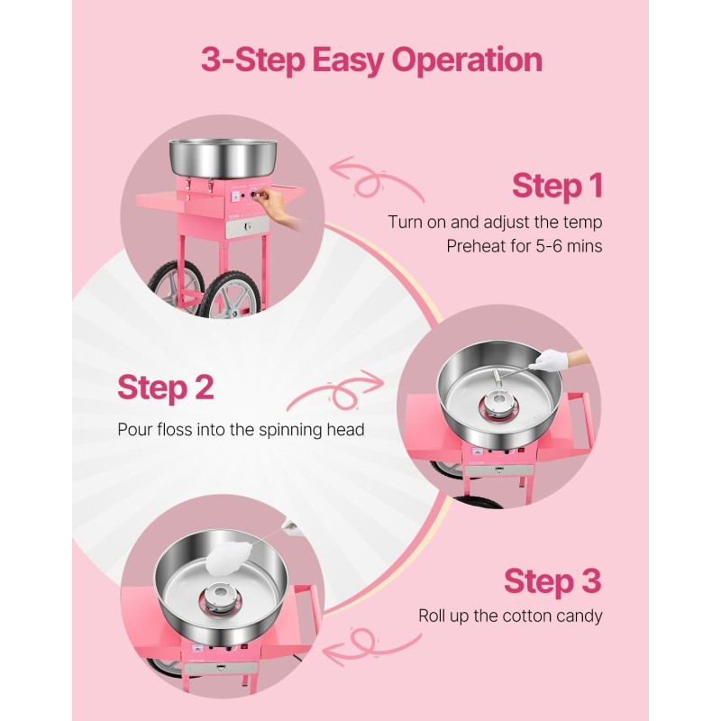 Sähköinen hattarakone kärryllä 1000W 52cm ruostumaton teräskulho integroidulla säilytyslaatikolla vaaleanpunainen