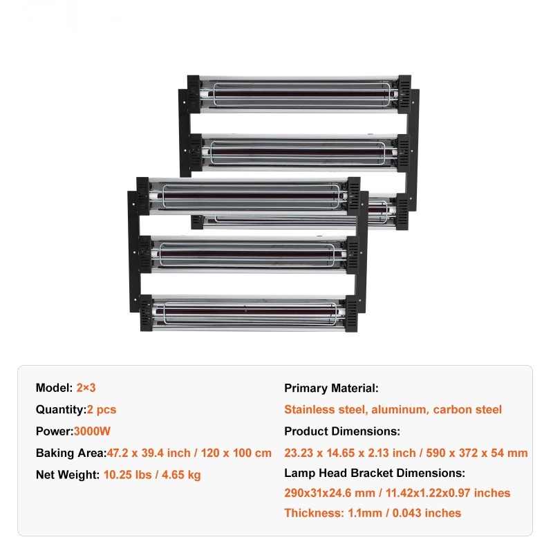 Infrapuna-maalinkuivauslamppu 3000 W kaksi kolmen pään lamppusarjaa 120x100 cm paistoala