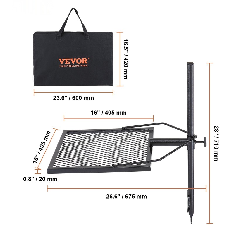 Nuotiogrilli teräs säädettävä kääntyvä ritilä ulkokäyttöön 675x405x710 mm