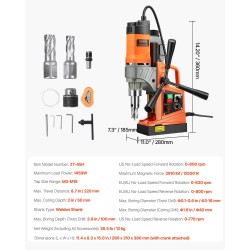 Magneettiporakone 1450W moottorilla 10-portainen nopeudensäätö 40 mm maksimiporaushalkaisija 2 ydinporanterää