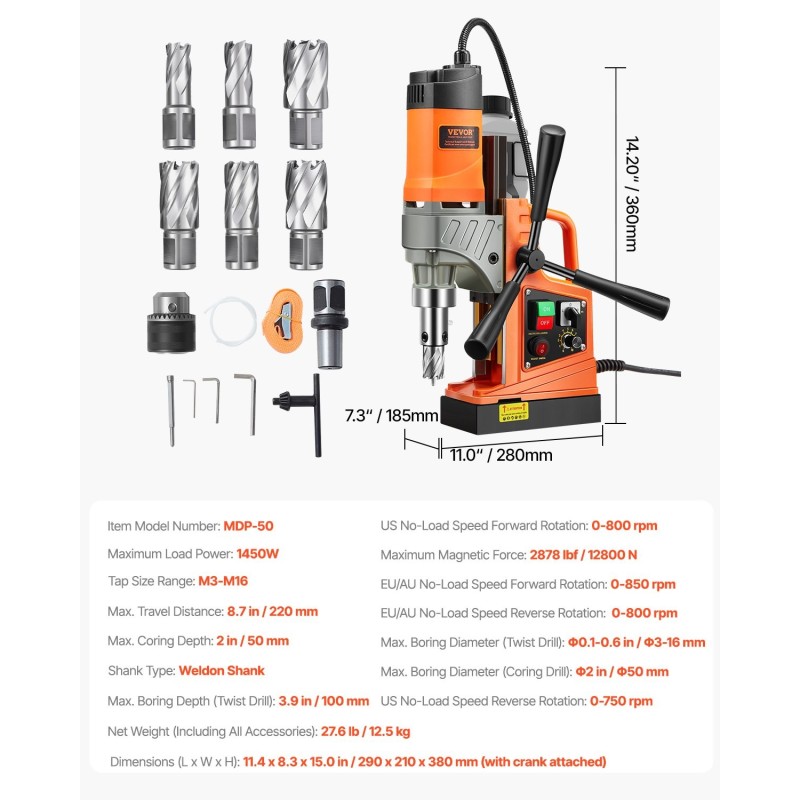 Magneettiporakone 1450W holkkoporaus 50 mm 6 holkkoporia portaaton nopeudensäätö metallipinnoille