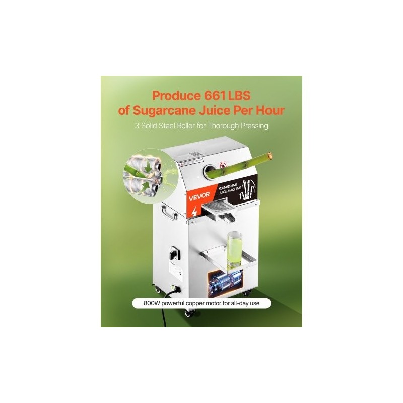 Sähköinen sokeriruokomehustin 800 wattia 3 ruostumatonta telaa 300 kilogrammaa tunnissa pyörillä