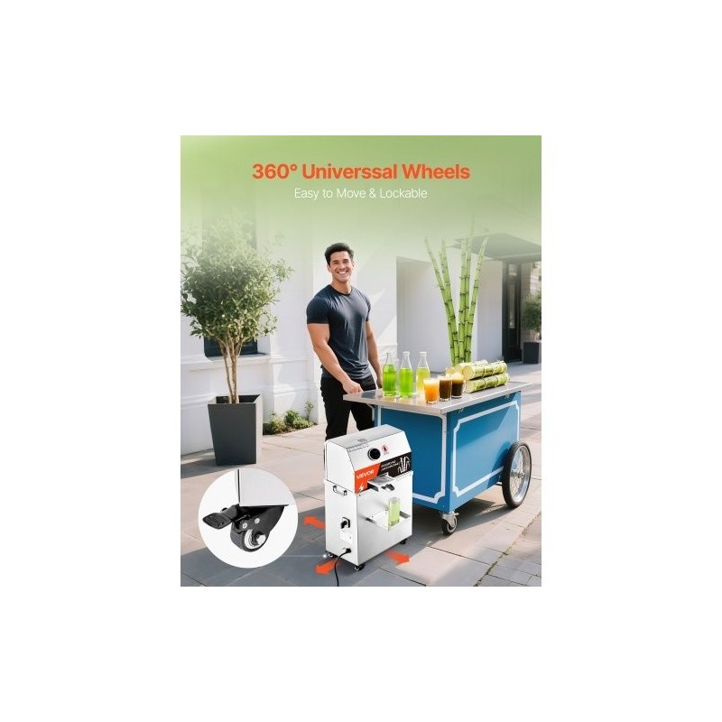 Sähköinen sokeriruokomehustin 800 wattia 3 ruostumatonta telaa 300 kilogrammaa tunnissa pyörillä