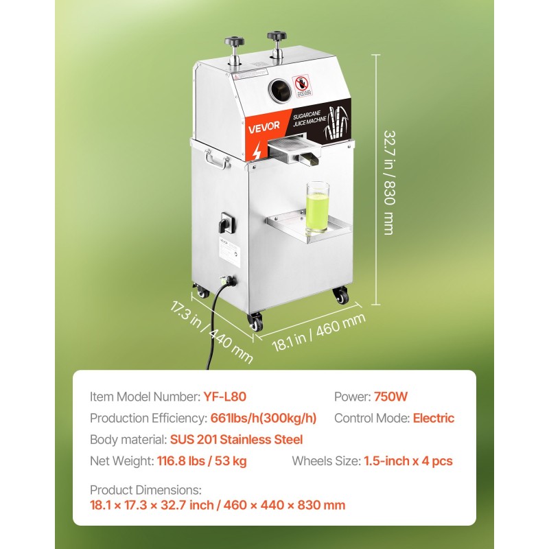 Sokeriruokomehupuristin sähköinen ruostumatonta terästä seitsemänsataaviisikymmentä wattia kolme telarullaa kolmesataa