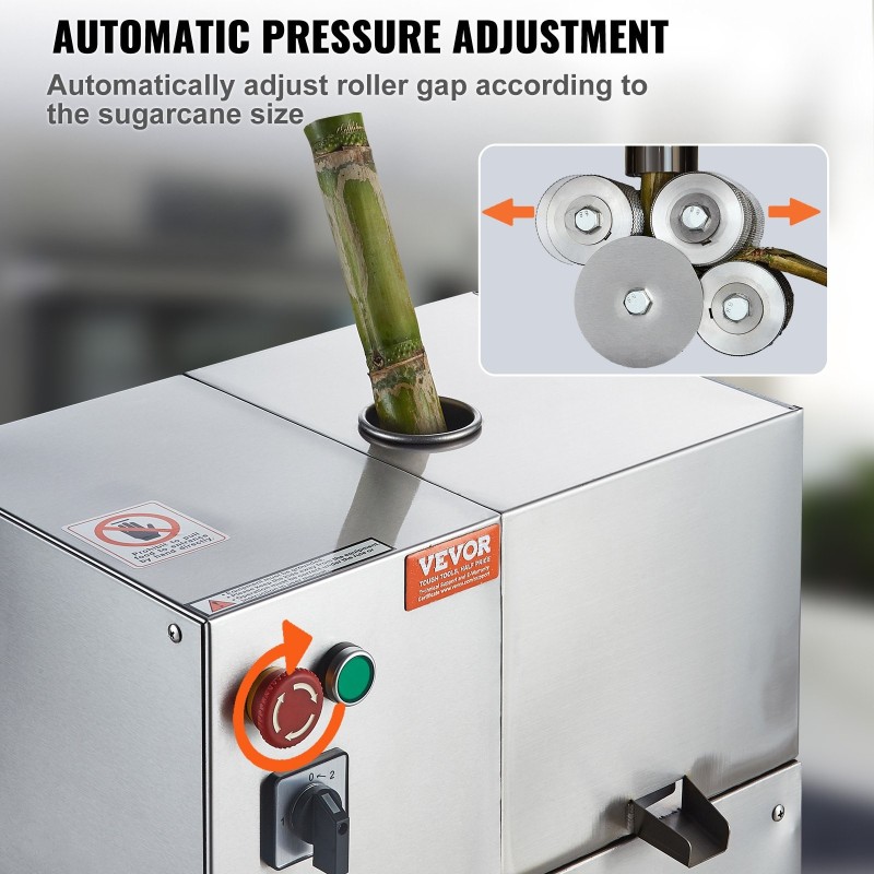 Sähköinen sokeriruokomehupuristin 800W 4 ruostumatonta teräsrullaa 300 kg tunnissa automaattinen telapaineen säätö