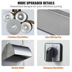 Sähköinen sokeriruokomehupuristin 800W 4 ruostumatonta teräsrullaa 300 kg tunnissa automaattinen telapaineen säätö