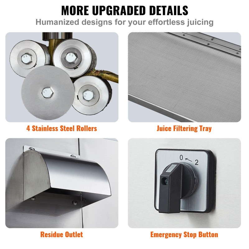 Sähköinen sokeriruokomehupuristin 800W 4 ruostumatonta teräsrullaa 300 kg tunnissa automaattinen telapaineen säätö