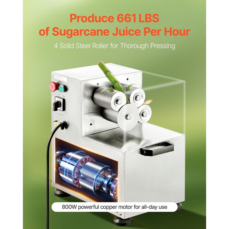 Sokeriruokopuristin 800 wattia 300 kiloa tunnissa neljä ruostumatonta rullaa