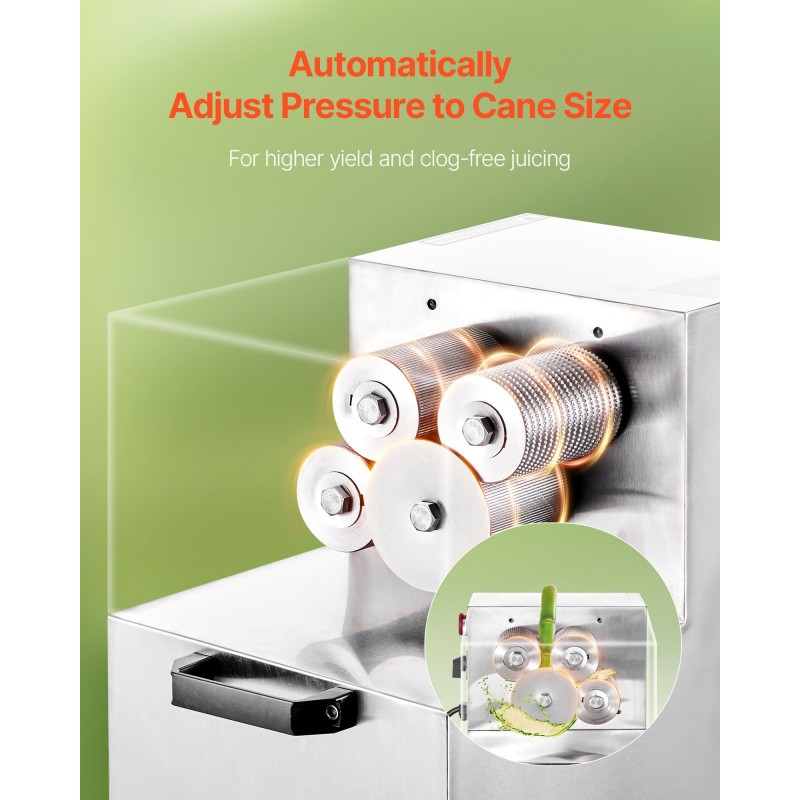 Sokeriruokopuristin 800 wattia 300 kiloa tunnissa neljä ruostumatonta rullaa