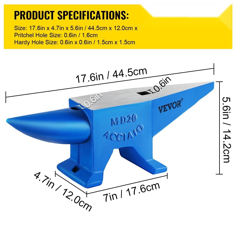 Alasin valuterästä 20 kilogrammaa kahdella sarvella ja pyöreällä reiällä