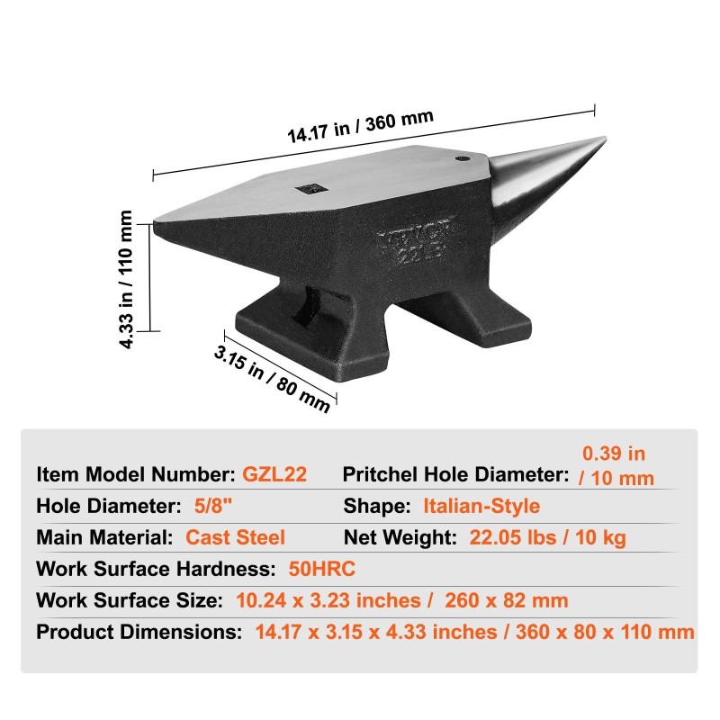 Yksisarvialasin valuteräksinen 10 kg italialaistyylinen työpinta 260x82 mm vakaa jalusta