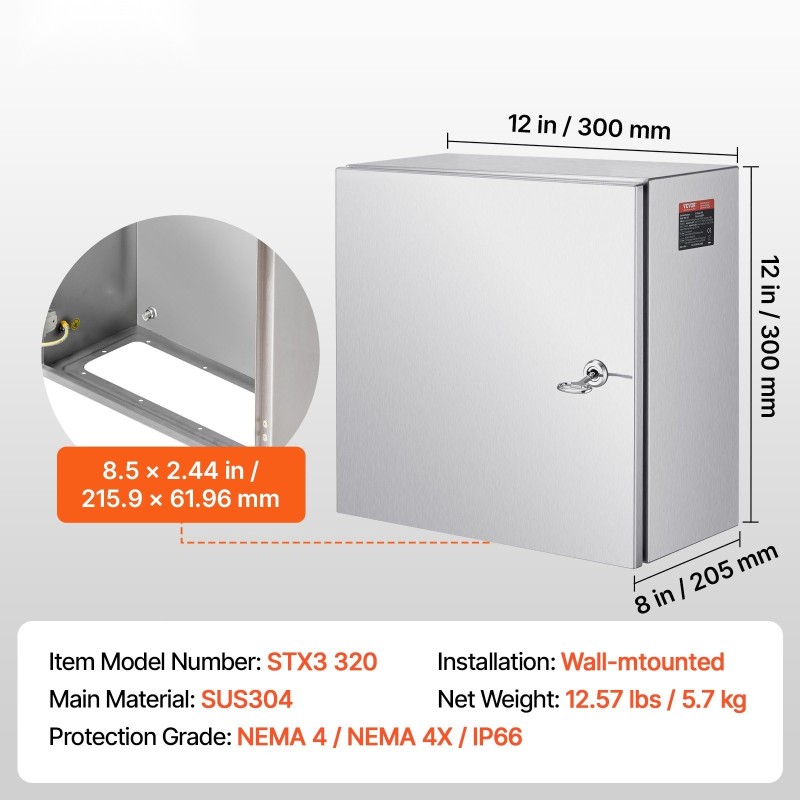 Sähköasennuskotelo 304-ruostumattomasta teräksestä 300 x 300 x 200 mm NEMA 4X