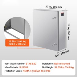 Sähkökotelo 304-ruostumaton teräs 60x50x20 cm seinäkiinnitys IP66 saranoitu ovi lukko