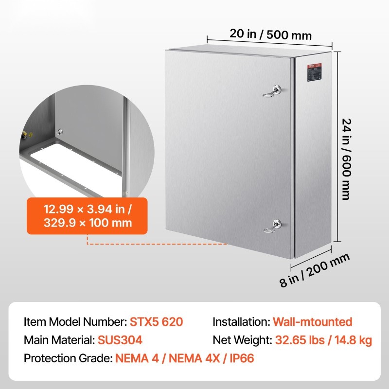 Sähkökotelo 304-ruostumaton teräs 60x50x20 cm seinäkiinnitys IP66 saranoitu ovi lukko