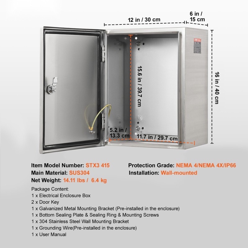 Sähkökotelo SUS304-ruostumatonta terästä 40×30×15 cm seinäkiinnitys ulkokäyttö IP66