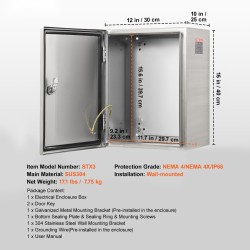 Sähkökotelo 304-ruostumattomasta teräksestä 40x30x25 cm IP66 seinäkiinnitys sisä- ja ulkokäyttöön